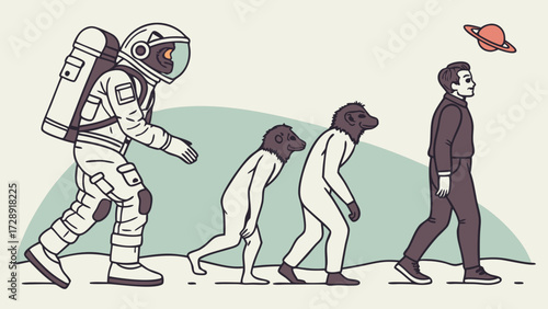 Evolutionary depiction of human progress from ape to astronaut, with a planet in the background.
