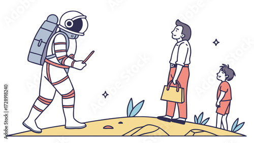 An astronaut in a spacesuit approaches a man and a child standing on a small planet, a surreal minimalist illustration.