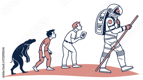 Evolution of man from ape to astronaut, illustration of progress and technology.