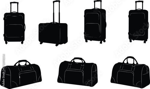 Travel luggage silhouettes, suitcase icons, duffel bag vector, black baggage design, airport travel gear, tourism equipment, vacation essentials, isolated illustration set