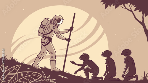 An astronaut encounters early hominids on a planet, a depiction of evolution and exploration.