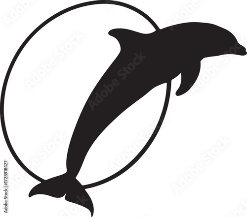 Dolphin jumping through ring black clipart, flat vector silhouette