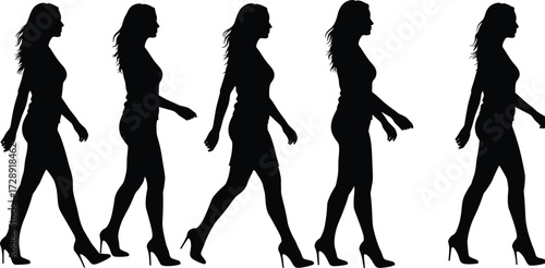 Walking woman silhouette, fashion model, high heels, motion sequence, side profile, dynamic movement, hairstyle flowing, elegance, runway style, animation reference