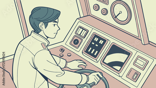 A young man in a uniform pilots a vehicle from a complex control panel in a retro comic book style illustration.