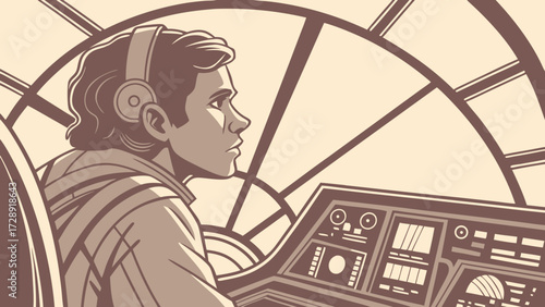A sepia-toned illustration of a young man piloting a spacecraft, wearing headphones in a detailed cockpit.