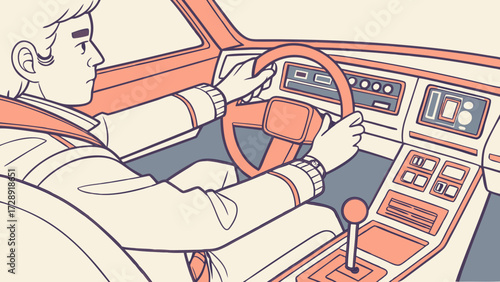 Illustration of a man driving a vintage car, focusing on the interior details.