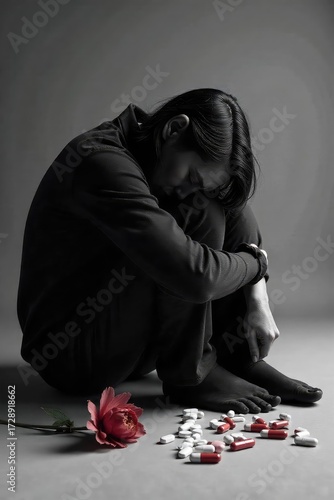 A grayscale image depicting a slumped figure in dark clothing, surrounded by scattered pills and a wilted flower, conveying feelings of sadness and hopelessness , costume, fragile
