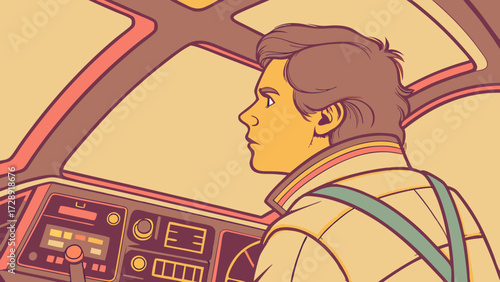 A man in a pilot's uniform looks intently at the controls of a futuristic vehicle.