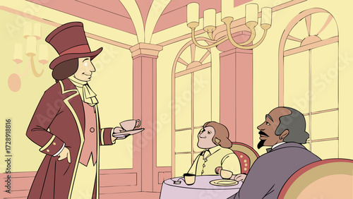 An illustration depicts a server offering tea to two seated individuals in a dining room setting.