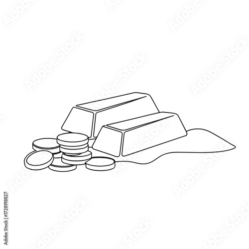 Gold bars and coins in simple outline style for investment concept  
