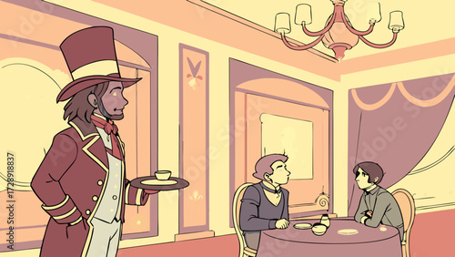 A man in a top hat and formal attire serves tea to two people seated at a table in an elegant room.