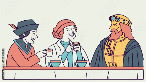 Three people, including a king, a woman, and a man in a hat, are sitting at a table and enjoying drinks together.
