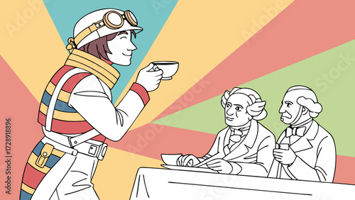 A person in a colorful, striped outfit with goggles holds a teacup, smiling at two formally dressed men at a table with teacups, against a vibrant sunburst background.
