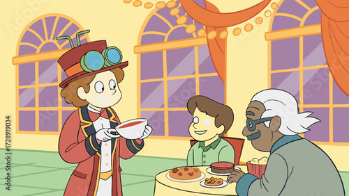 A steampunk character in a top hat and goggles serves tea to a young boy and an elderly man at a formal gathering.