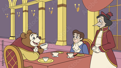 An animated scene depicts a bear, a man, and a character with a long nose at a table.