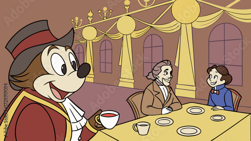 A cartoon badger in a top hat and formal attire holds a teacup while sitting at a table with two historical figures.