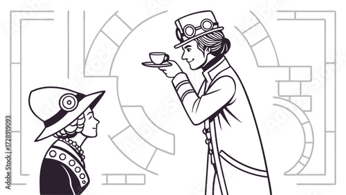 A detailed black and white illustration of a person serving tea to another person.