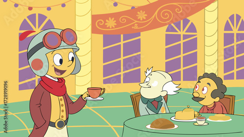 A cartoon image depicts a young person serving tea to two seated individuals at a table.