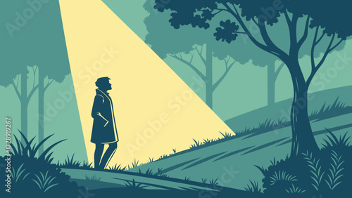 A solitary figure in a coat is highlighted by a single beam of light in a dark, stylized woodland setting.