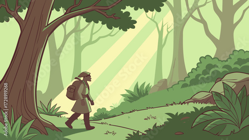 A lone traveler with a backpack walks along a sun-dappled forest path, surrounded by lush greenery and tall trees.