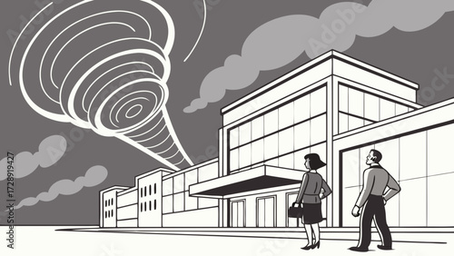 Illustration of a tornado approaching a building with two people observing the weather.