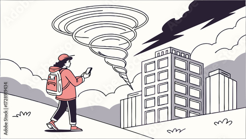 Person taking photo of tornado near buildings with smartphone.