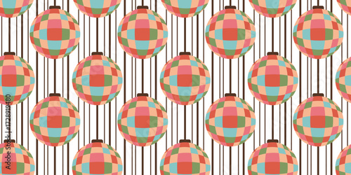 colorful seamless disco ball pattern on white background with vertical black stripes for retro party poster banner print fabric wallpaper packaging