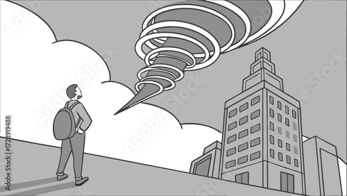 A person with a backpack stands on a rooftop, looking up at a large tornado forming over a city skyline with tall buildings.