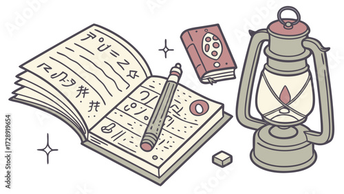An isometric illustration of a mysterious open book with ancient symbols, a pencil, a small red book, and a vintage lantern, suggesting magic or arcane studies.