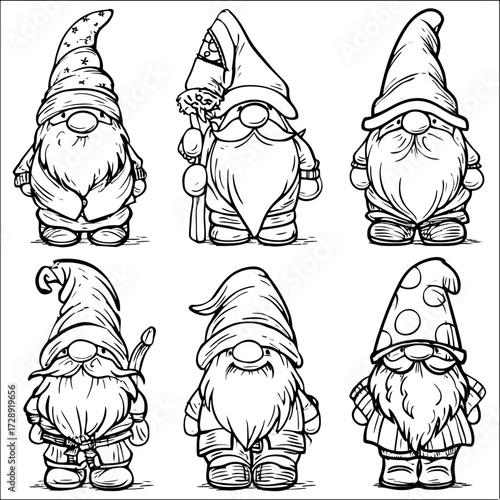 Hand-drawn illustration of six different gnomes with various hats and beard styles