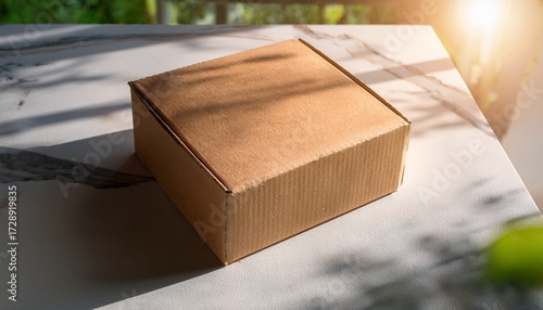 brown cardboard box on marble table sunlight