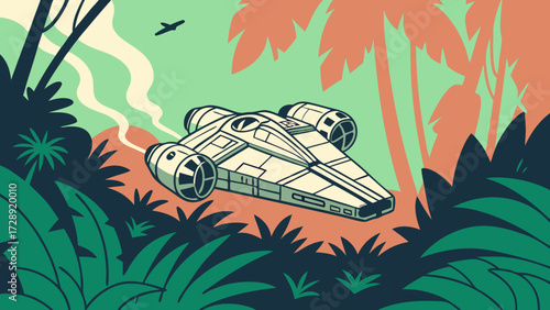 A graphic illustration of a futuristic starship that has crash-landed in a dense, lush tropical jungle.