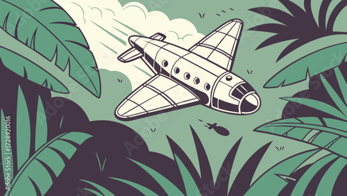 An illustration of a vintage airplane dropping a bomb while flying over a dense tropical jungle.