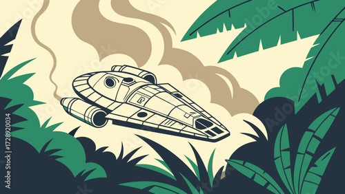 A retro-futuristic spaceship emerges from a lush, green jungle with smoke billowing.