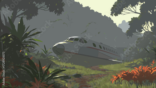 A crashed airplane rests in a lush, overgrown jungle environment, surrounded by dense foliage.