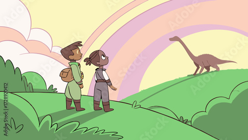 Two young cartoon adventurers gaze in wonder at a long-necked dinosaur on a grassy hill under a pastel rainbow sky.