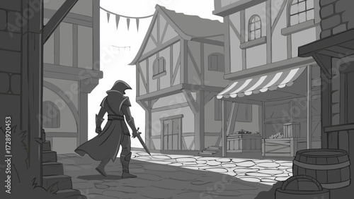 A mysterious cloaked figure holding a dagger walks down a deserted medieval cobblestone street in a black and white illustration.