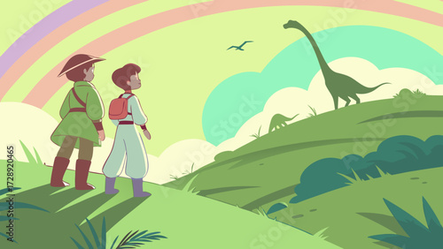 Two explorers gaze at a long-necked dinosaur on a grassy hill under a pastel rainbow sky.