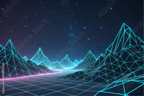 A neon glowing wireframe mountain range, futuristic sci-fi polygonal terrain, cinematic 3D digital art