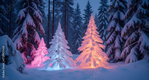Illuminated Christmas Trees in Winter Forest