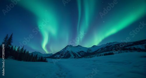 Northern Lights Over Snowy Mountain Landscape