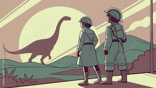 Two children in uniform observe a large dinosaur silhouette against a sunset backdrop.