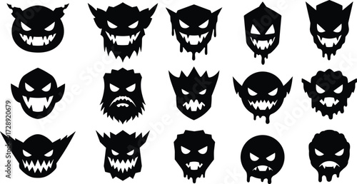 Set of 16 demonic face silhouettes with horns, sharp teeth, and eerie expressions in black vector style for horror design themes