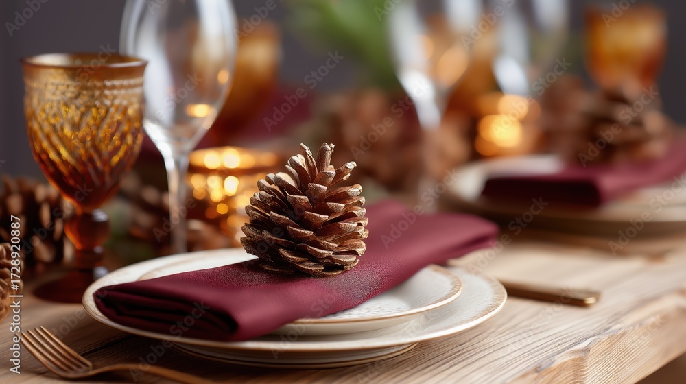 Naklejka premium Pinecone on napkin at table setting