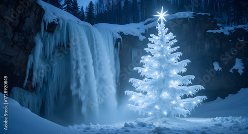 Illuminated Christmas Tree by Frozen Waterfall