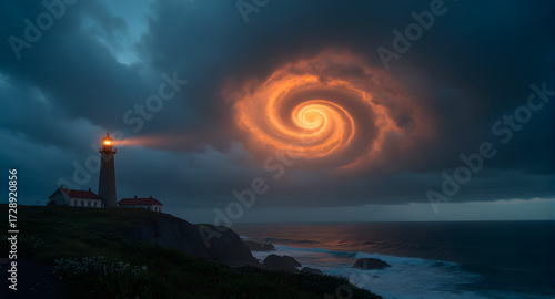 Lighthouse with Swirling Cloudscape