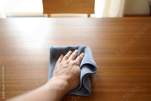 First Person View of Hand Wiping a Wood Grain Table with Blue Microfiber Cloth