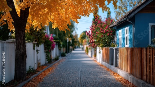 Scenic Autumn Street View with Golden Trees and Quaint Blue House