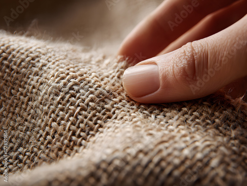 Natural fiber textile hand close up woven texture beige hemp fabric soft detailed cozy eco friendly sustainable organic rustic tactile warm comfortable natural material pattern thread weave craft