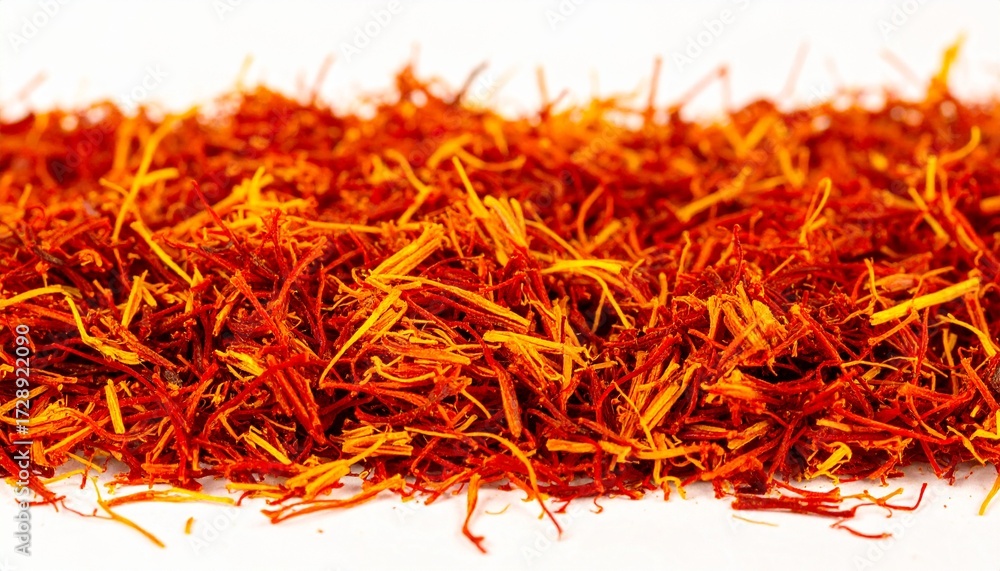 Naklejka premium Saffron, spice, threads, isolated, white, background, premium, culinary, seasoning, aromatic, vibrant, natural, organic, exotic, delicate, dried, herb, colorful, high-quality, ingredient, cooking, fla
